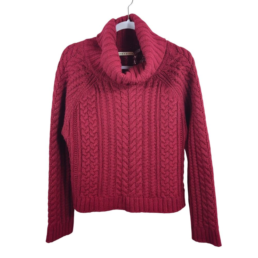 Alice + Olivia Cable Knit Turtleneck Sweater Wool Cropped Red Large